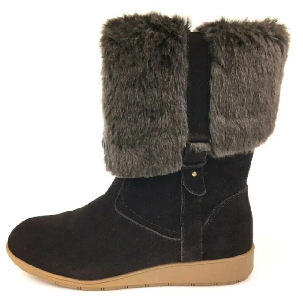 Lands End Mendota Suede Tall Boots Faux Fur 7 Leather Chocolate Brown Cabincore